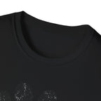 Close-up of a black t-shirt with a graphic design on a white background