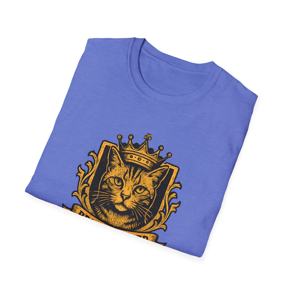 Folded blue t-shirt with a gold cat wearing a crown graphic on a white background