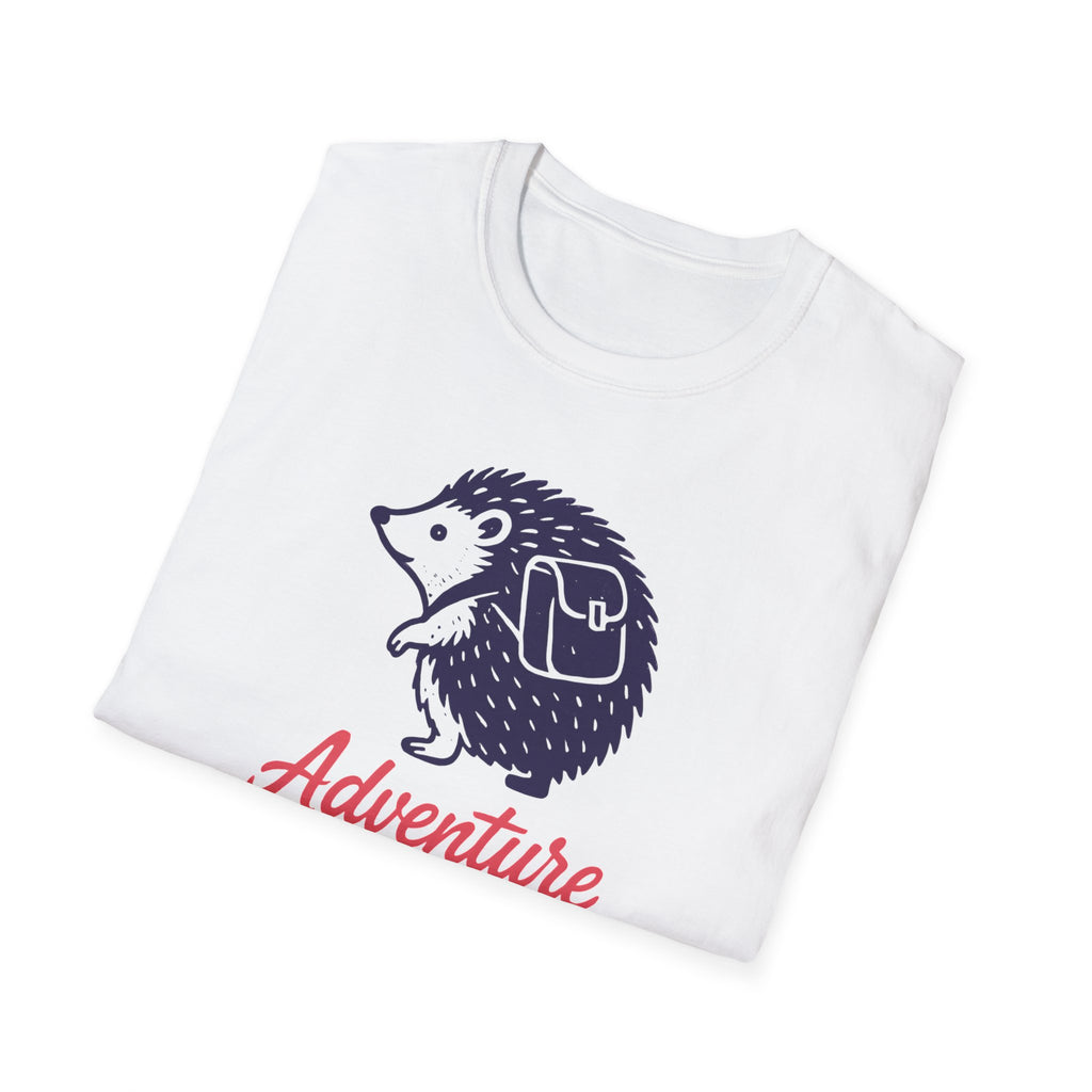 White t-shirt with a hedgehog graphic and 'Adventure' text on a white background