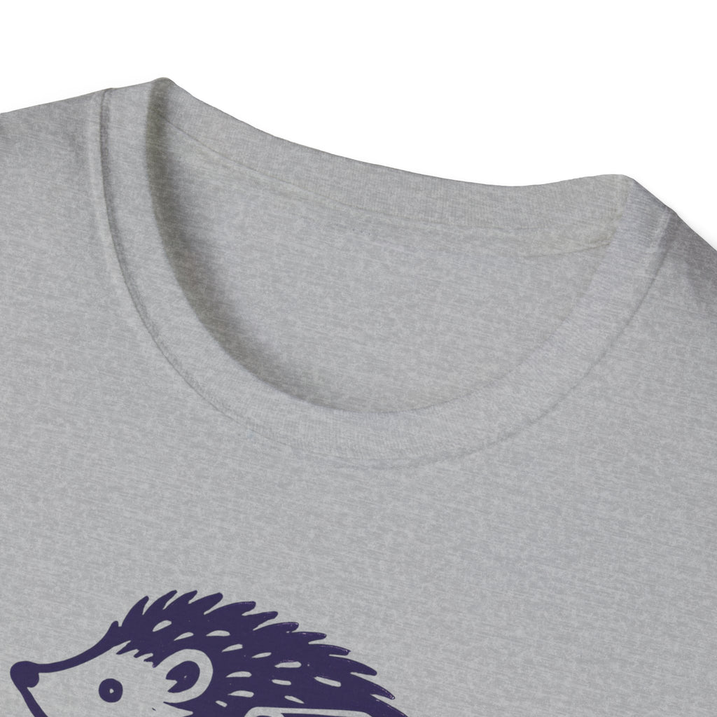 Gray t-shirt with a purple hedgehog design on a white background