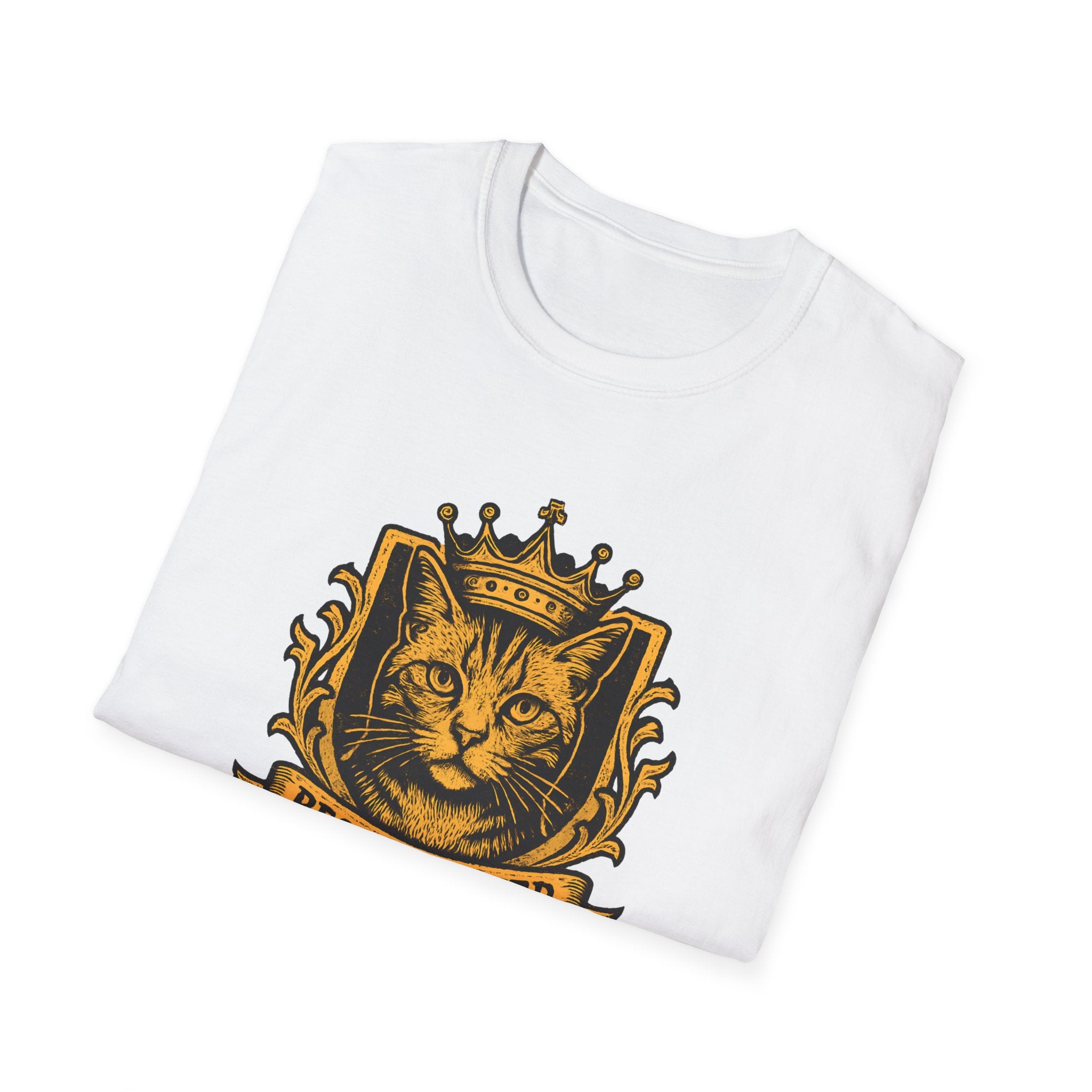 White t-shirt with a gold cat design wearing a crown on a white background