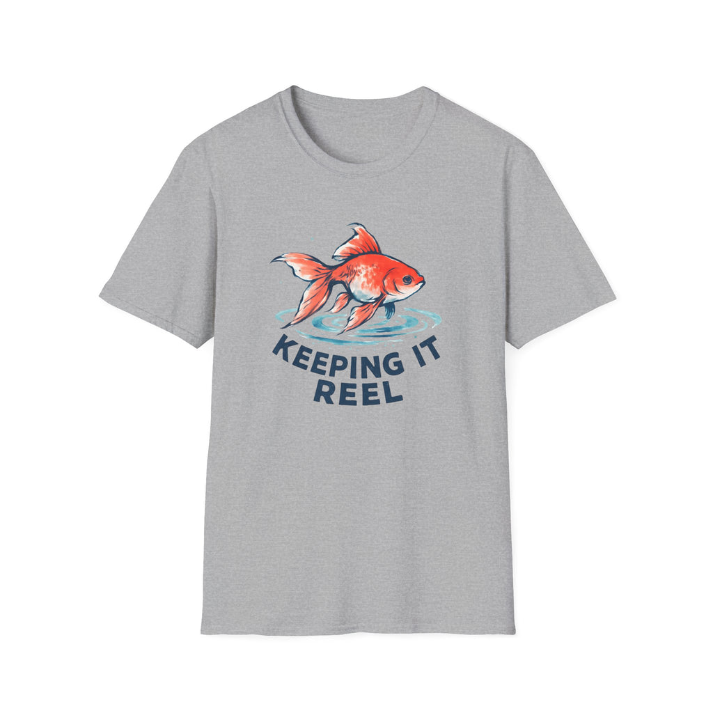 Gray t-shirt with a fish graphic and 'Keeping It Reel' text on a white background