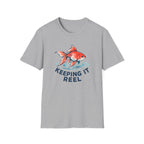 Gray t-shirt with a fish graphic and 'Keeping It Reel' text on a white background