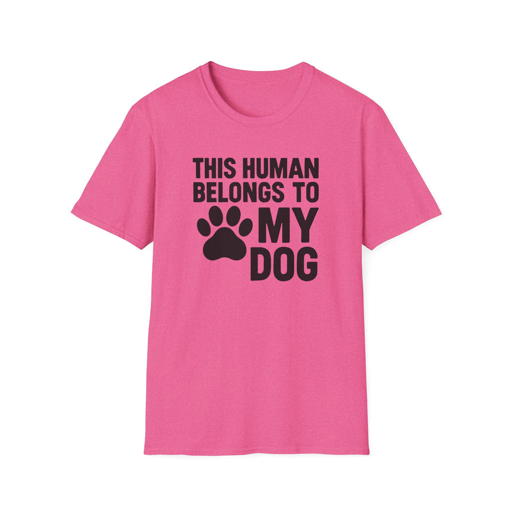 Pink t-shirt with black text and paw print on a white background