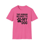 Pink t-shirt with black text and paw print on a white background