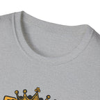 Gray t-shirt with a yellow and black crown logo on a white background