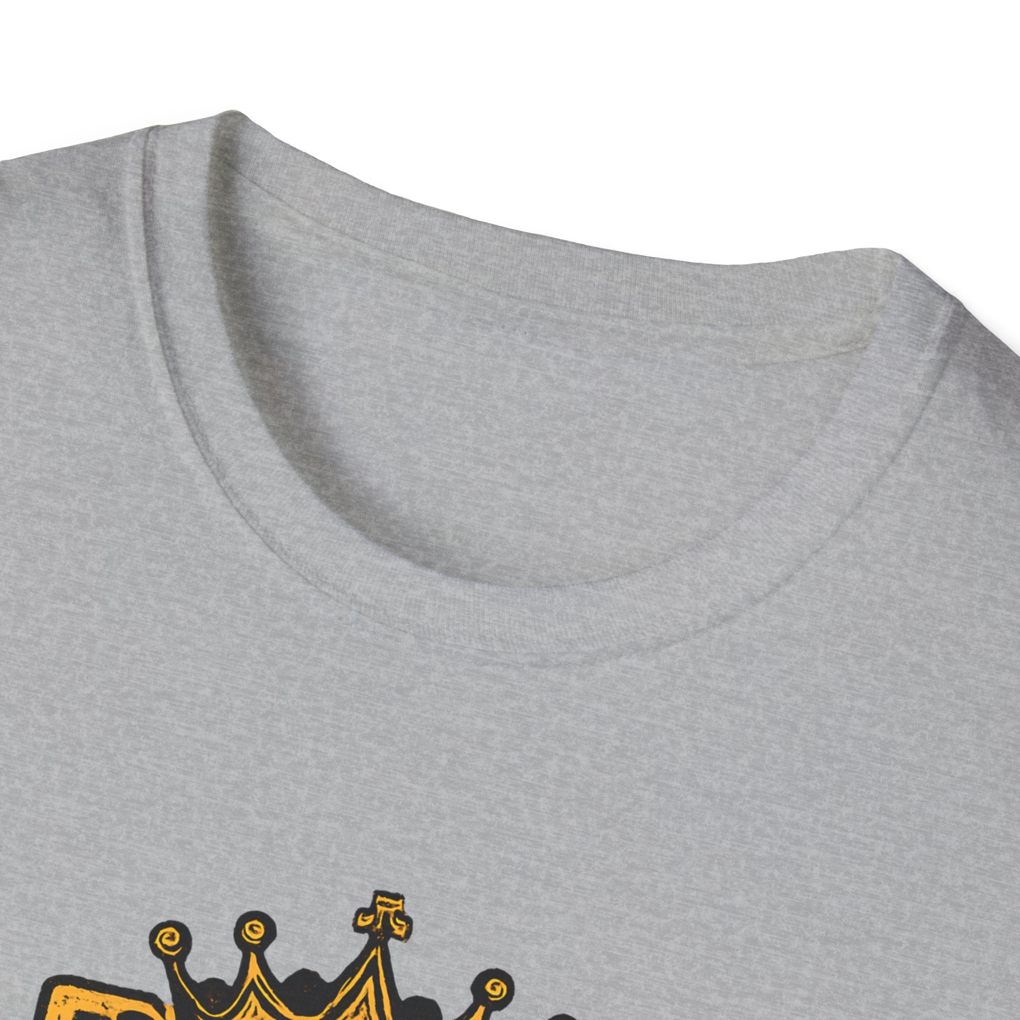 Gray t-shirt with a yellow and black crown logo on a white background