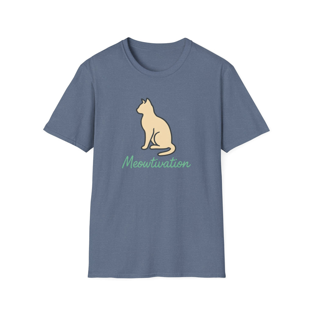 Blue t-shirt with a cat graphic and 'Meoutivation' text on a white background
