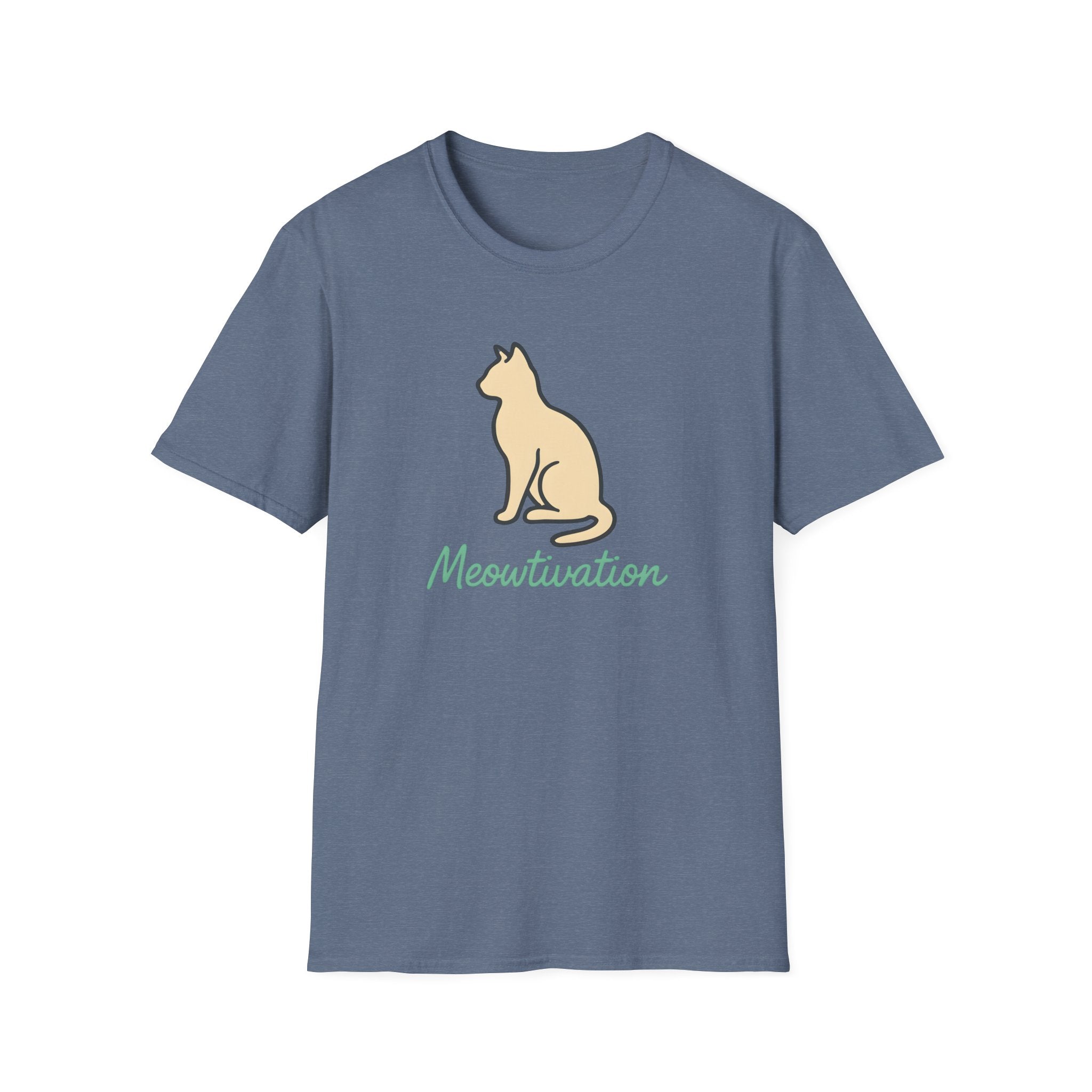 Blue t-shirt with a cat graphic and 'Meoutivation' text on a white background