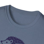 Blue t-shirt with a hedgehog design on a white background