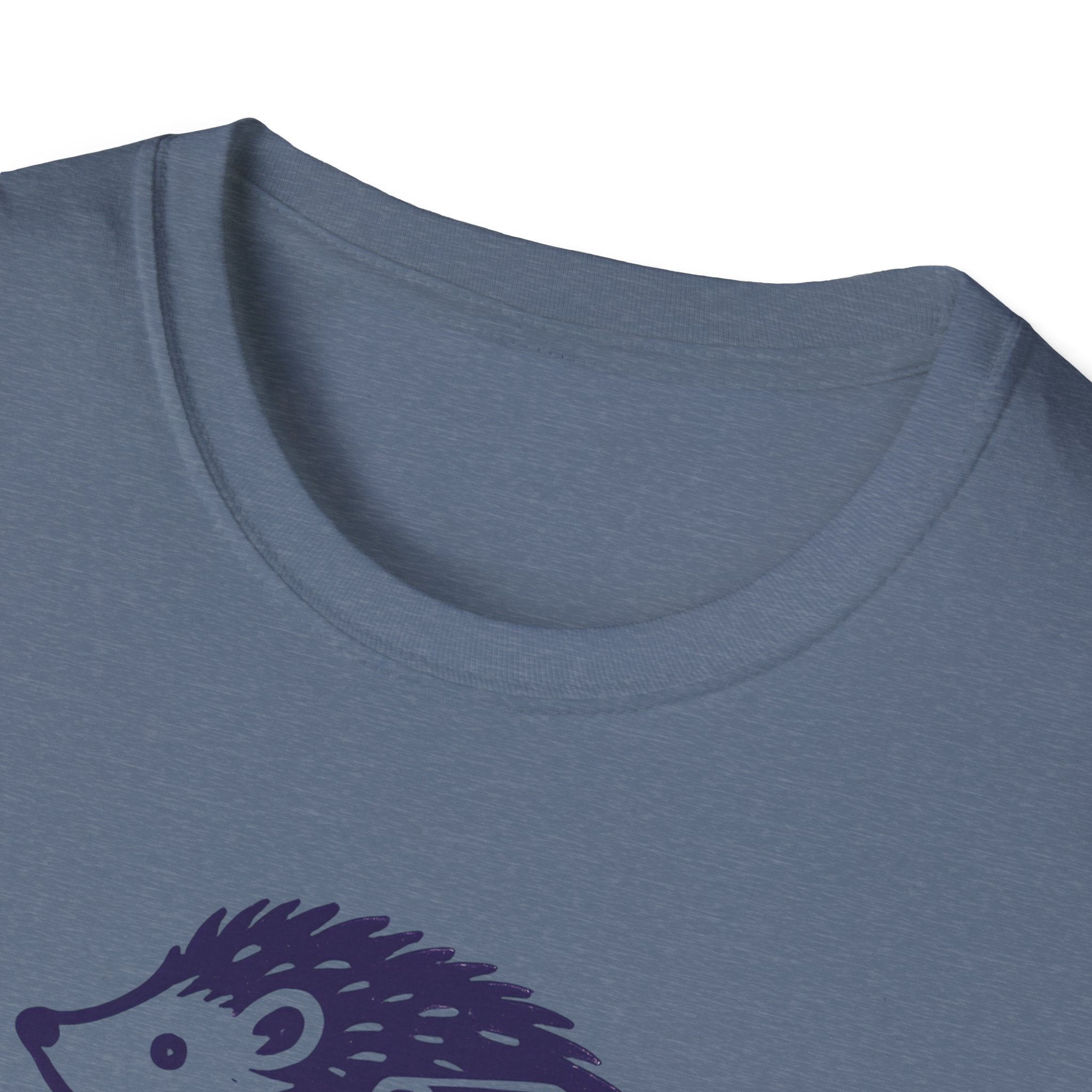 Blue t-shirt with a hedgehog design on a white background