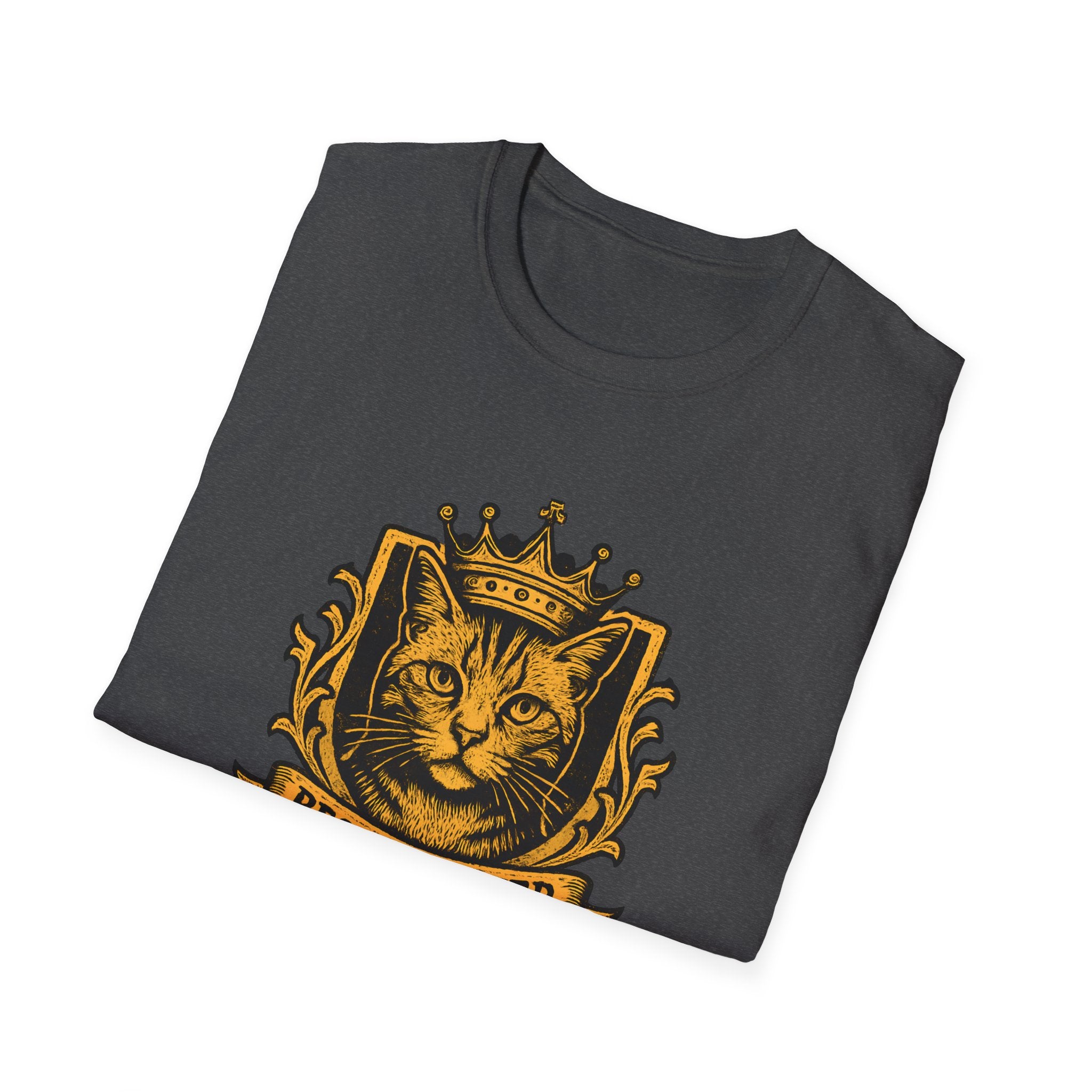 Folded black t-shirt with a gold cat wearing a crown design on a white background