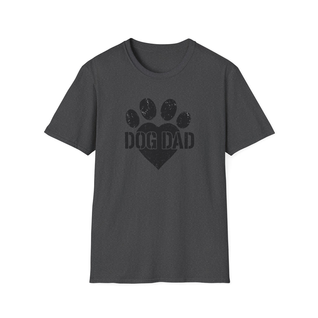 Dark gray t-shirt with 'DOG DAD' text and paw print design on a white background