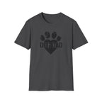 Dark gray t-shirt with 'DOG DAD' text and paw print design on a white background