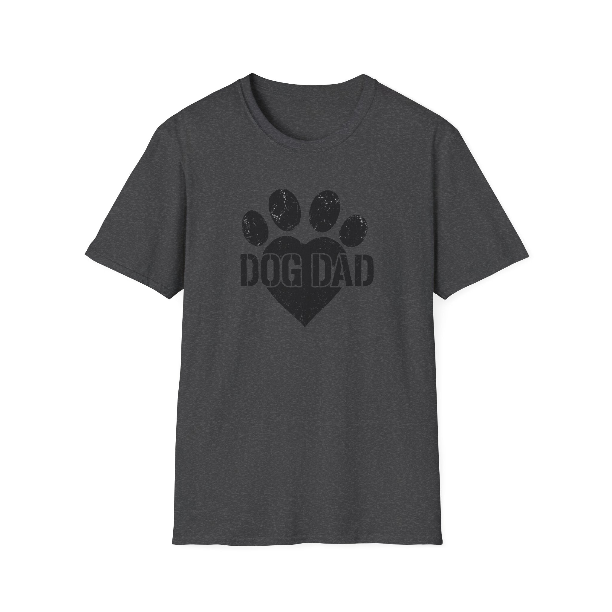 Dark gray t-shirt with 'DOG DAD' text and paw print design on a white background