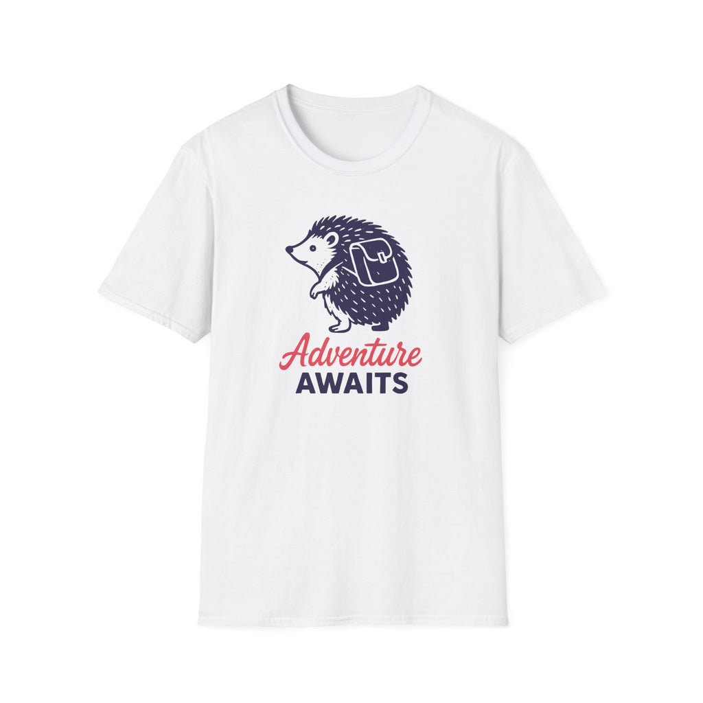 White t-shirt with a hedgehog graphic and 'Adventure Awaits' text on a white background