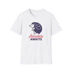 White t-shirt with a hedgehog graphic and 'Adventure Awaits' text on a white background