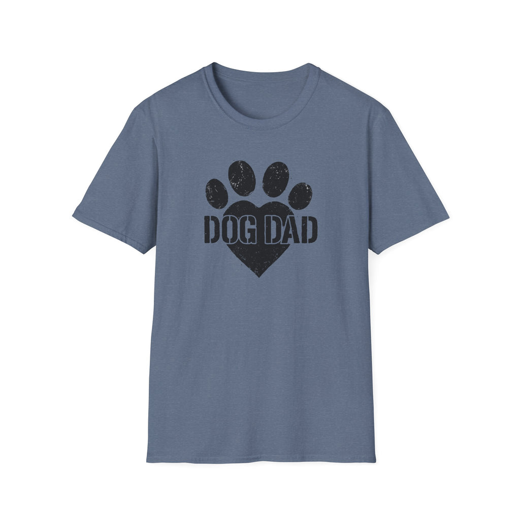 Blue t-shirt with 'Dog Dad' graphic on a white background