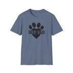 Blue t-shirt with 'Dog Dad' graphic on a white background