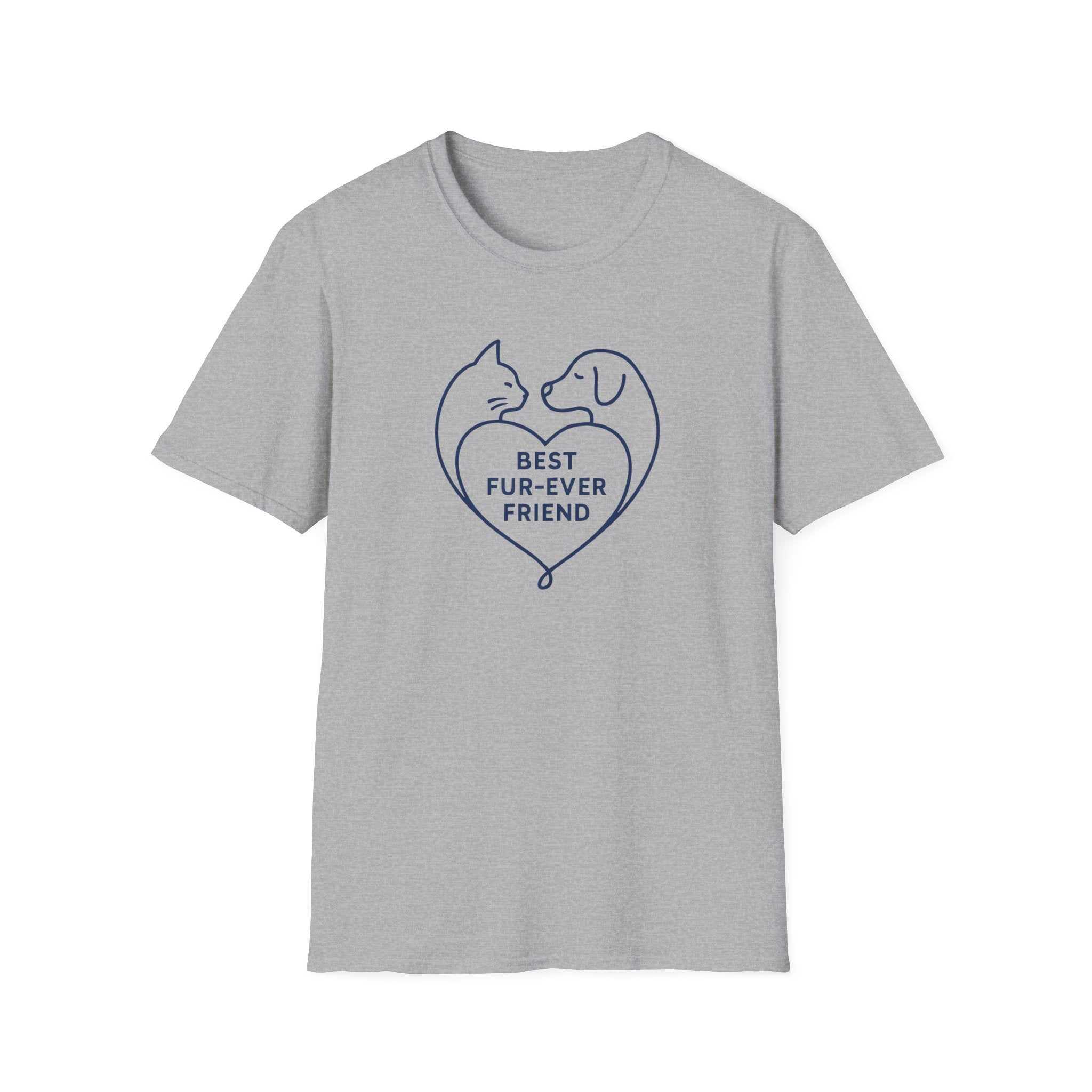Gray t-shirt with a heart design featuring a cat and dog and text 'Best Fur-ever Friend' on a white background.