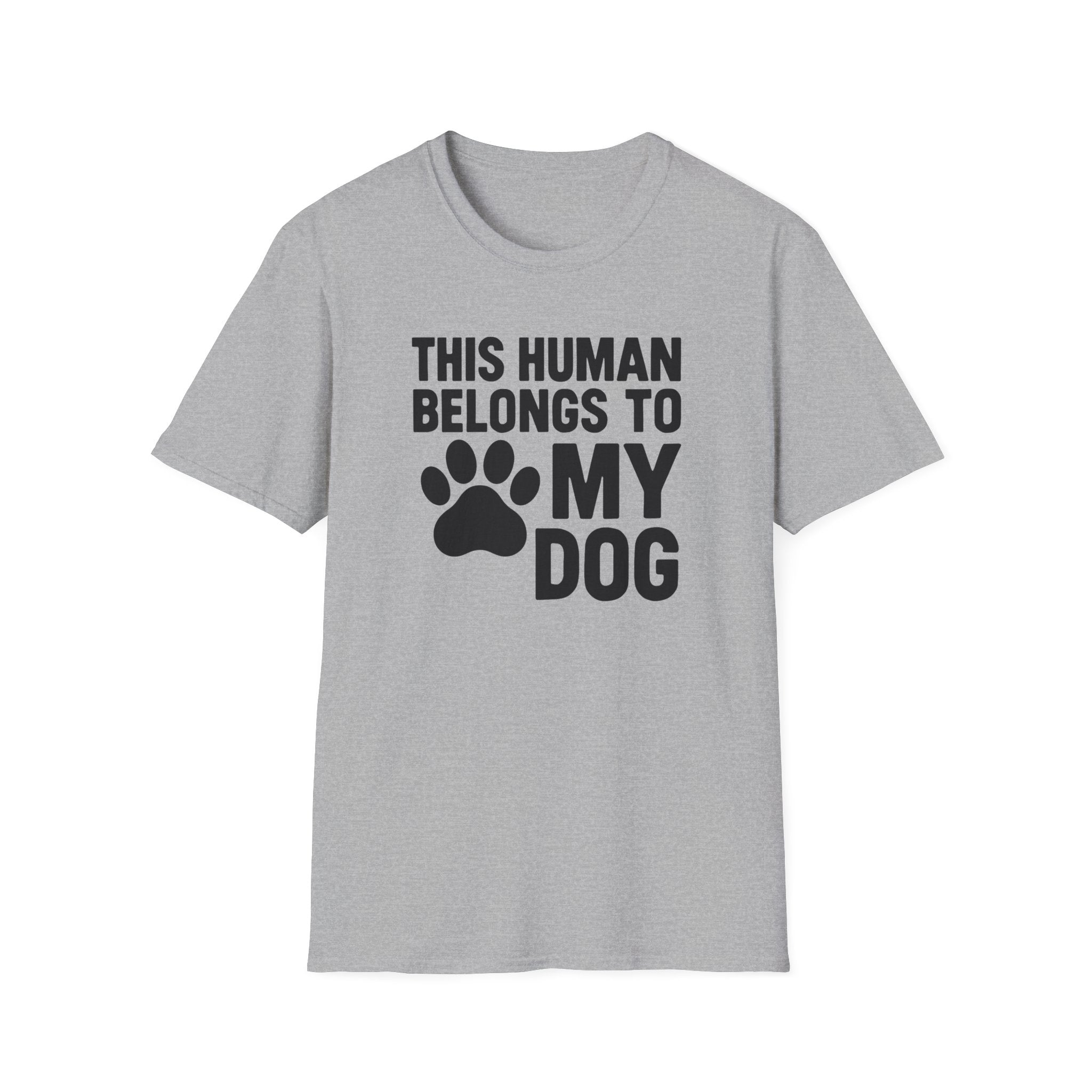 Gray t-shirt with 'This human belongs to my dog' text and paw print on a white background
