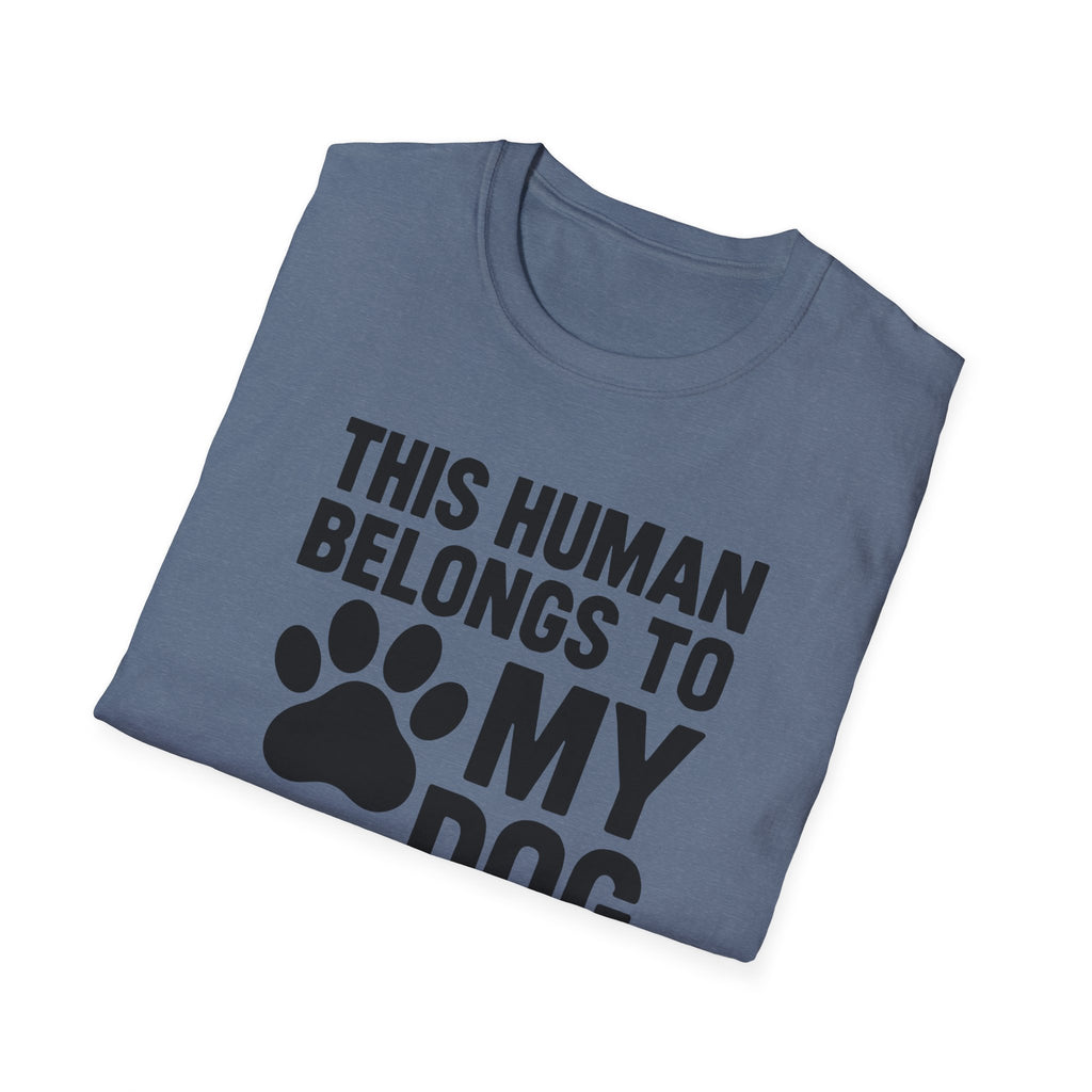 Folded blue t-shirt with text and paw print design on a white background