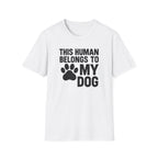 White t-shirt with black text and paw print design on a white background