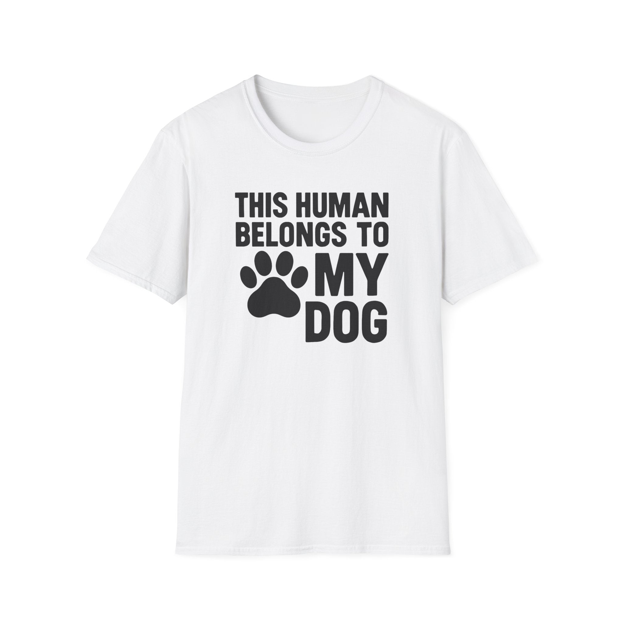 White t-shirt with black text and paw print design on a white background