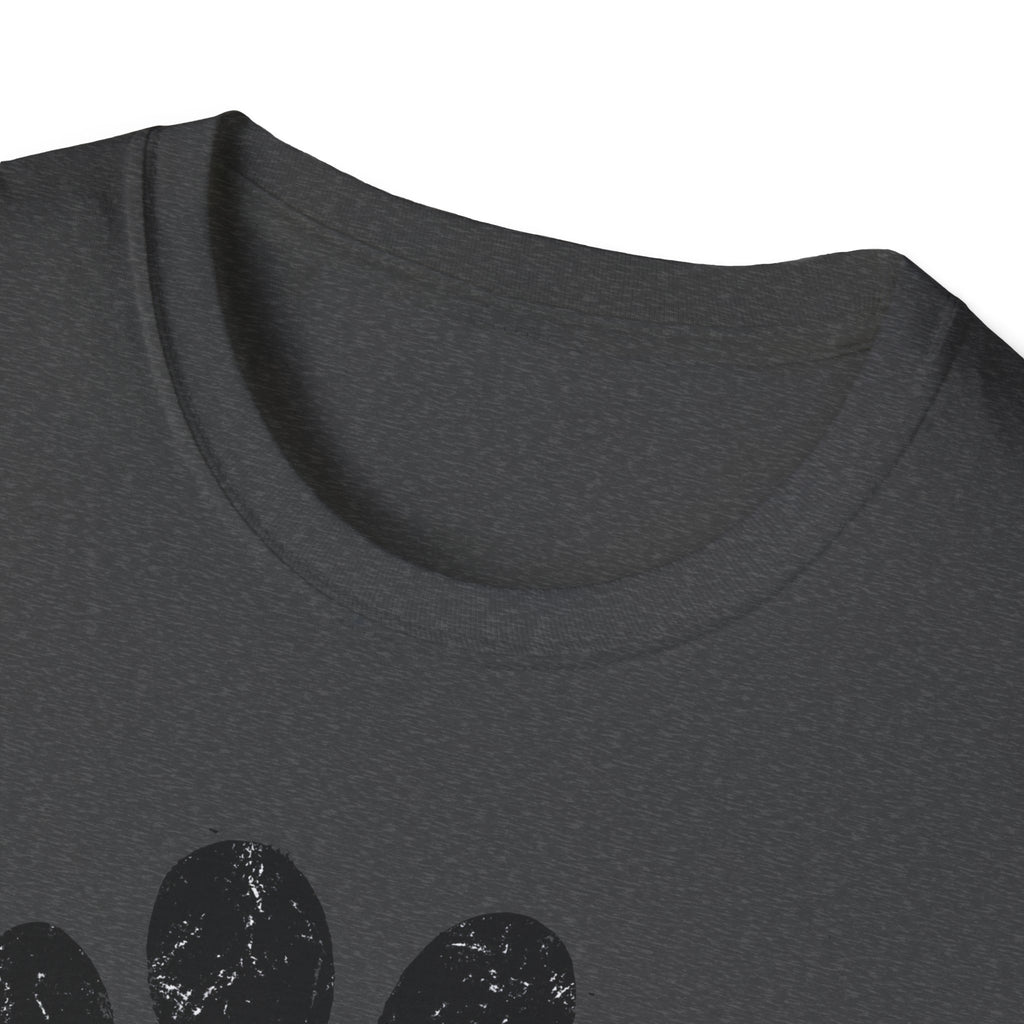 Dark gray t-shirt with black paw print design on a white background