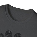Dark gray t-shirt with black paw print design on a white background