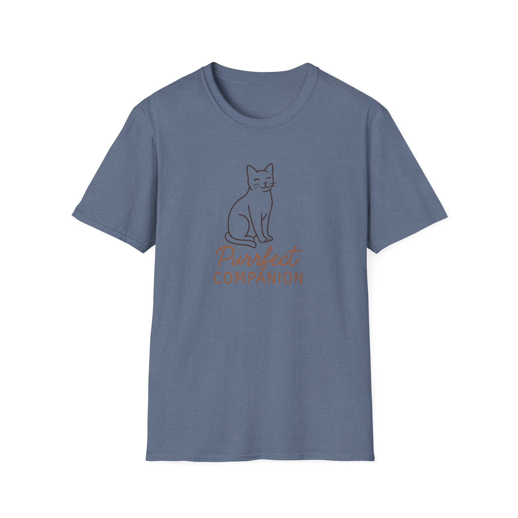 Blue t-shirt with a cat graphic and 'Perfect Companion' text on a white background