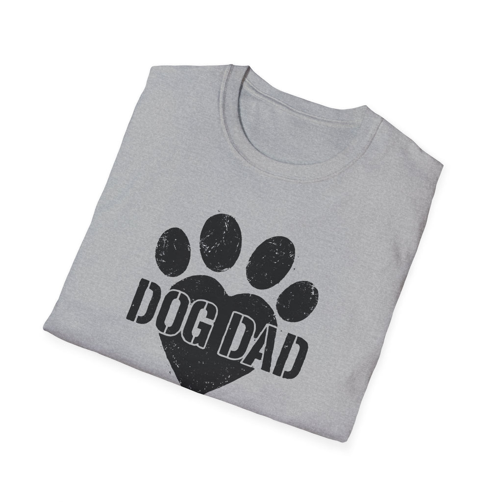 Folded gray t-shirt with 'DOG DAD' and paw print design on a white background