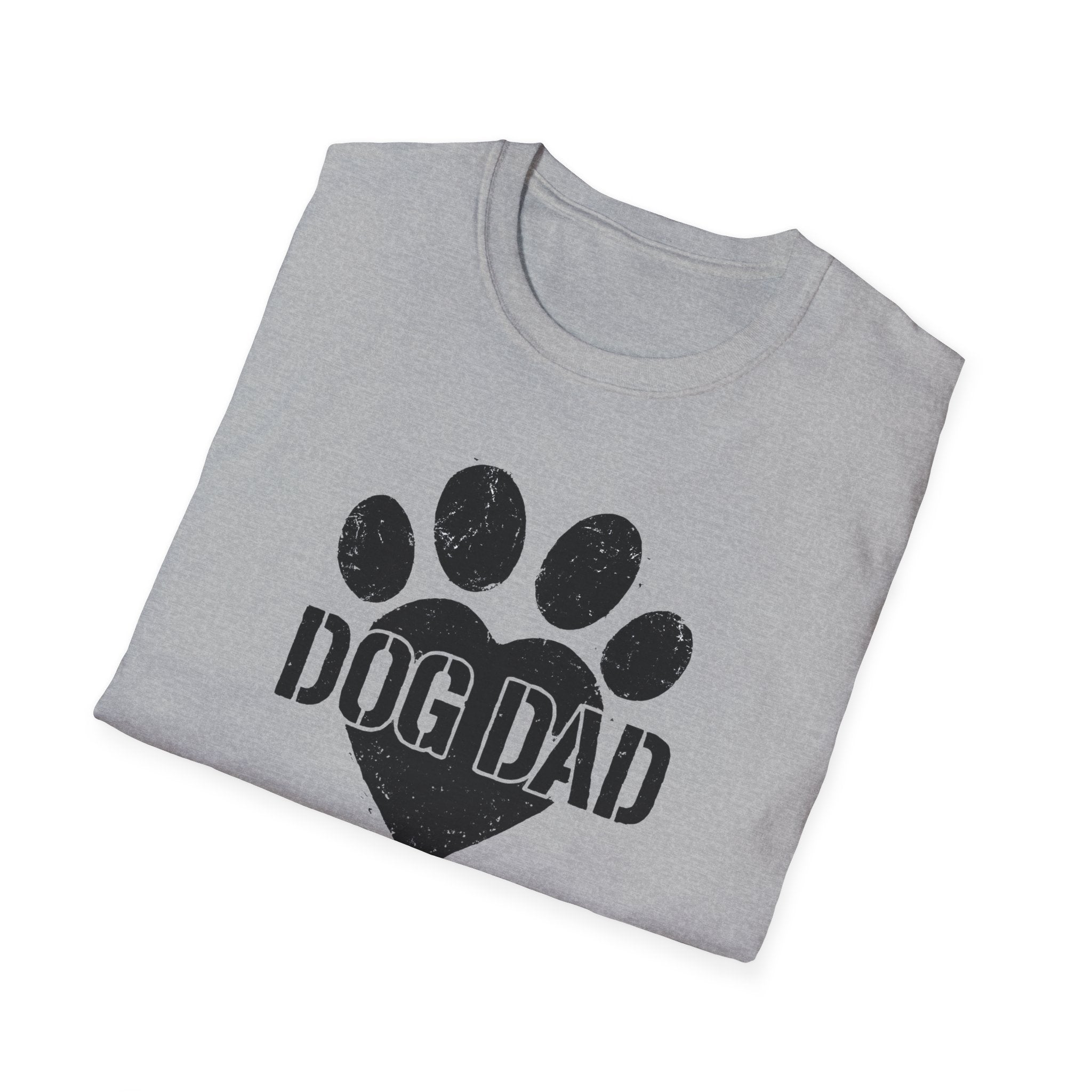 Folded gray t-shirt with 'DOG DAD' and paw print design on a white background