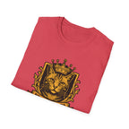 Folded red t-shirt with a cat wearing a crown graphic on a white background