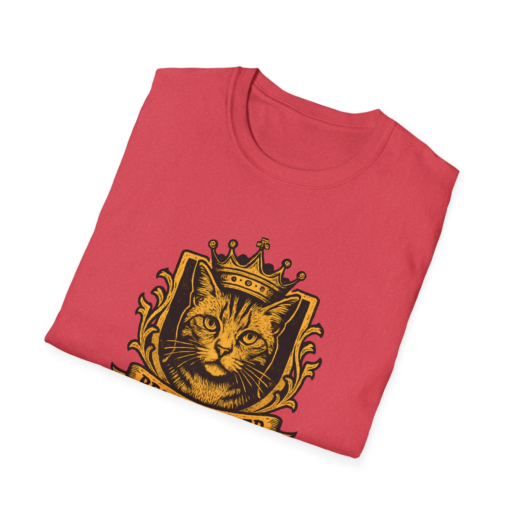 Folded red t-shirt with a cat wearing a crown graphic on a white background