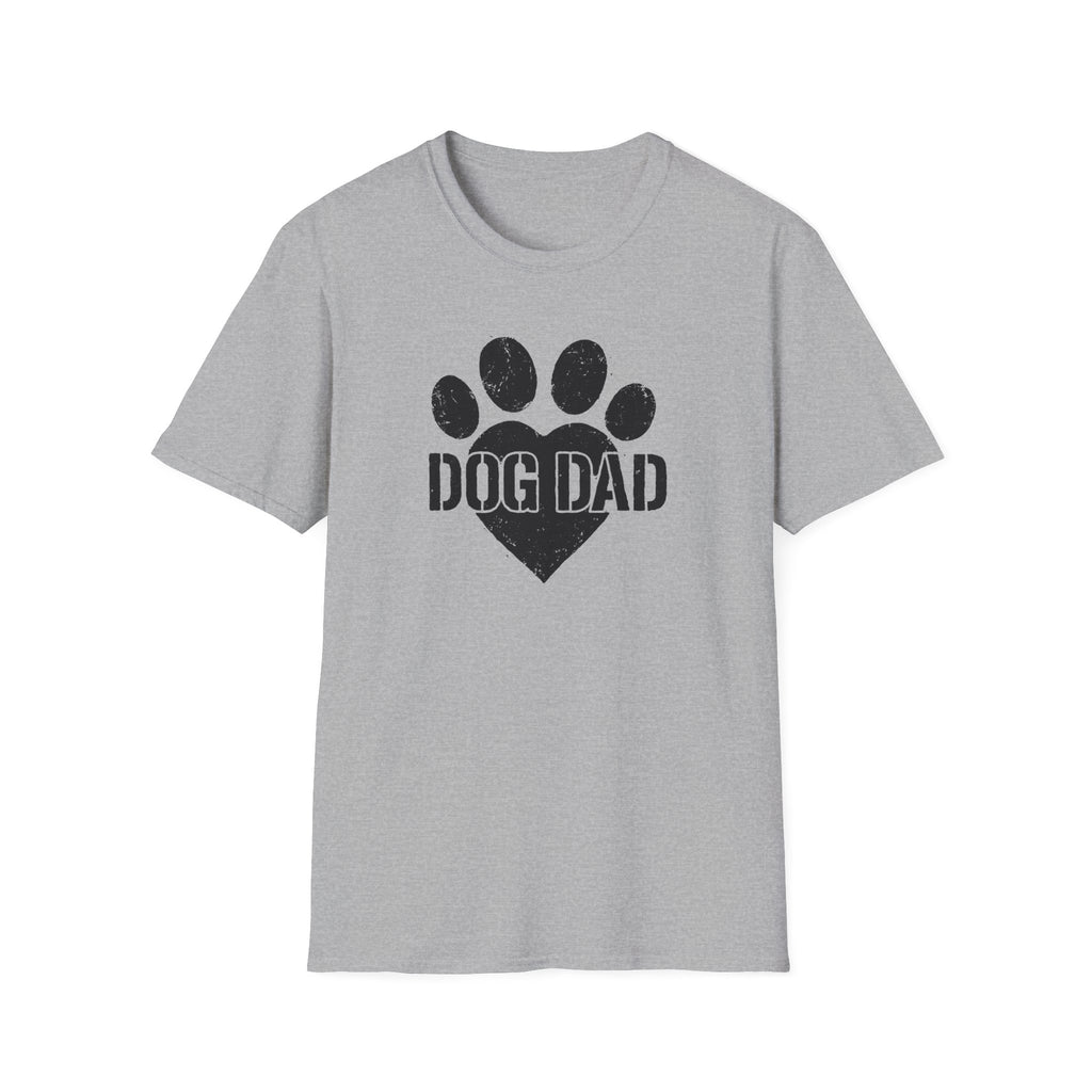 Gray t-shirt with 'Dog Dad' graphic on a white background