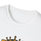 White t-shirt with a black and gold crown logo on a white background