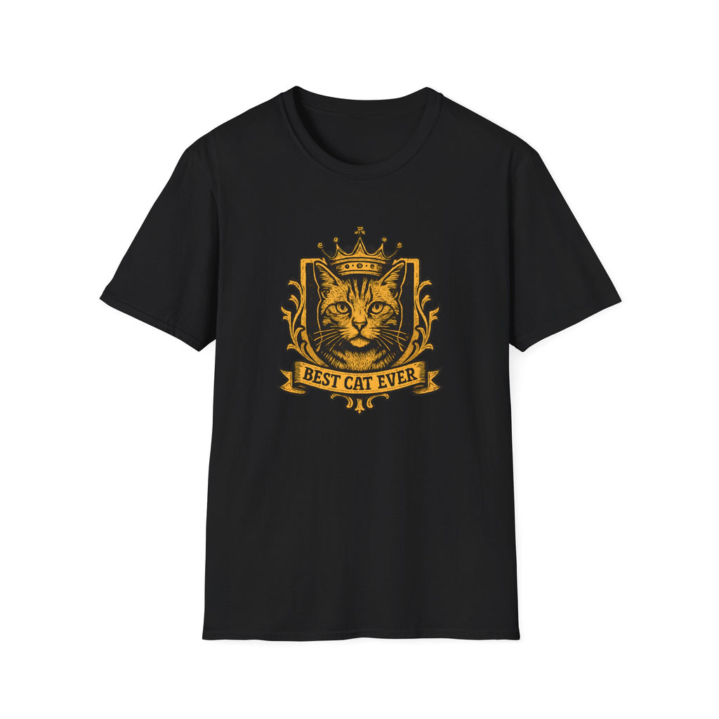 Black t-shirt with a gold cat graphic and 'Best Cat Ever' text on a white background