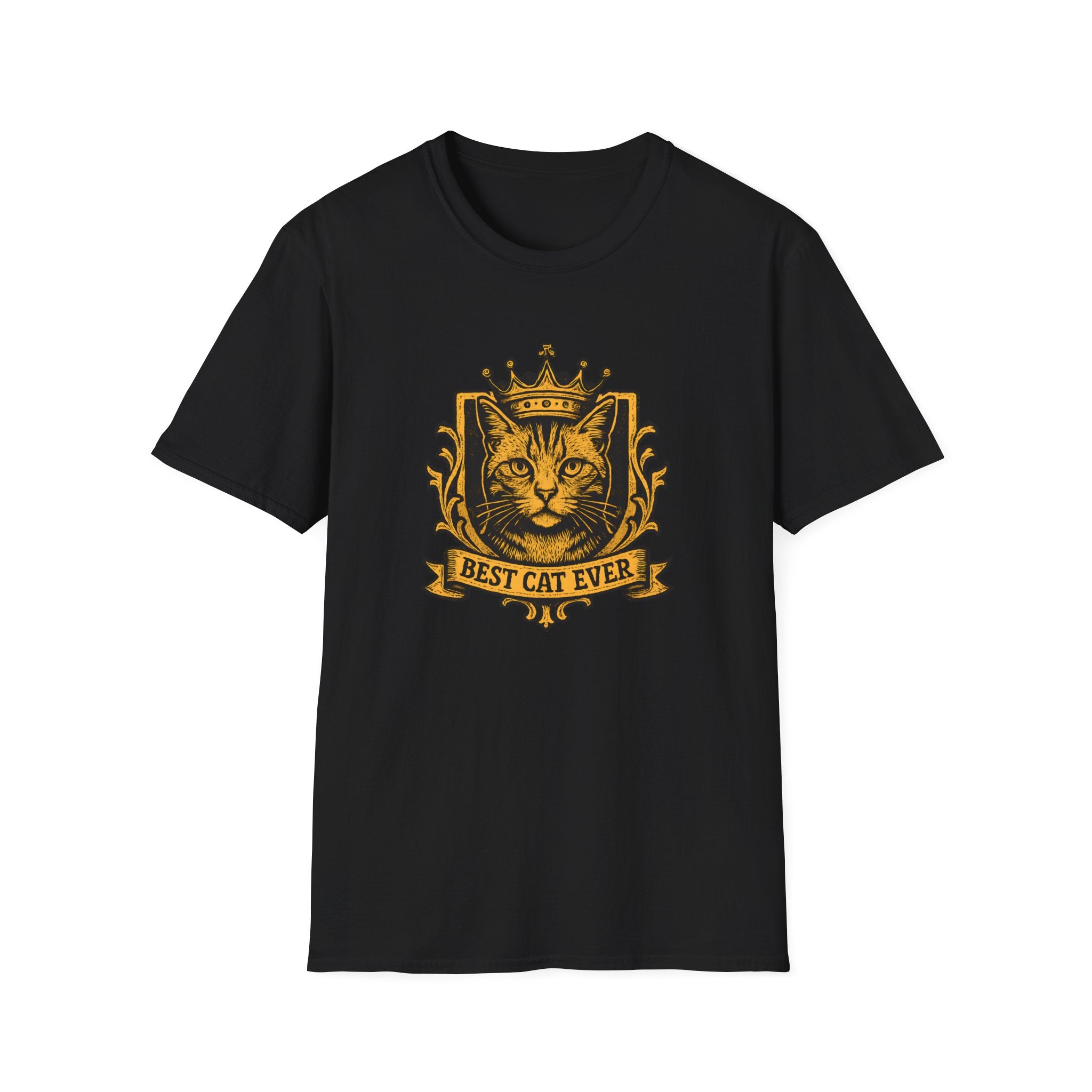 Black t-shirt with a gold cat graphic and 'Best Cat Ever' text on a white background