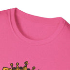 Close-up of a pink shirt with a crown design on a white background