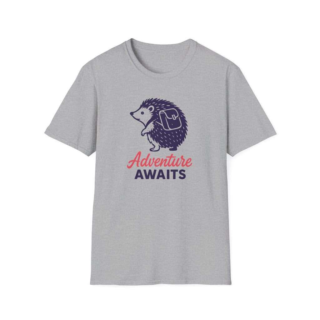 Gray t-shirt with a hedgehog graphic and 'Adventure Awaits' text on a white background