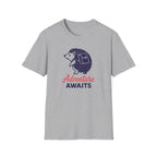 Gray t-shirt with a hedgehog graphic and 'Adventure Awaits' text on a white background