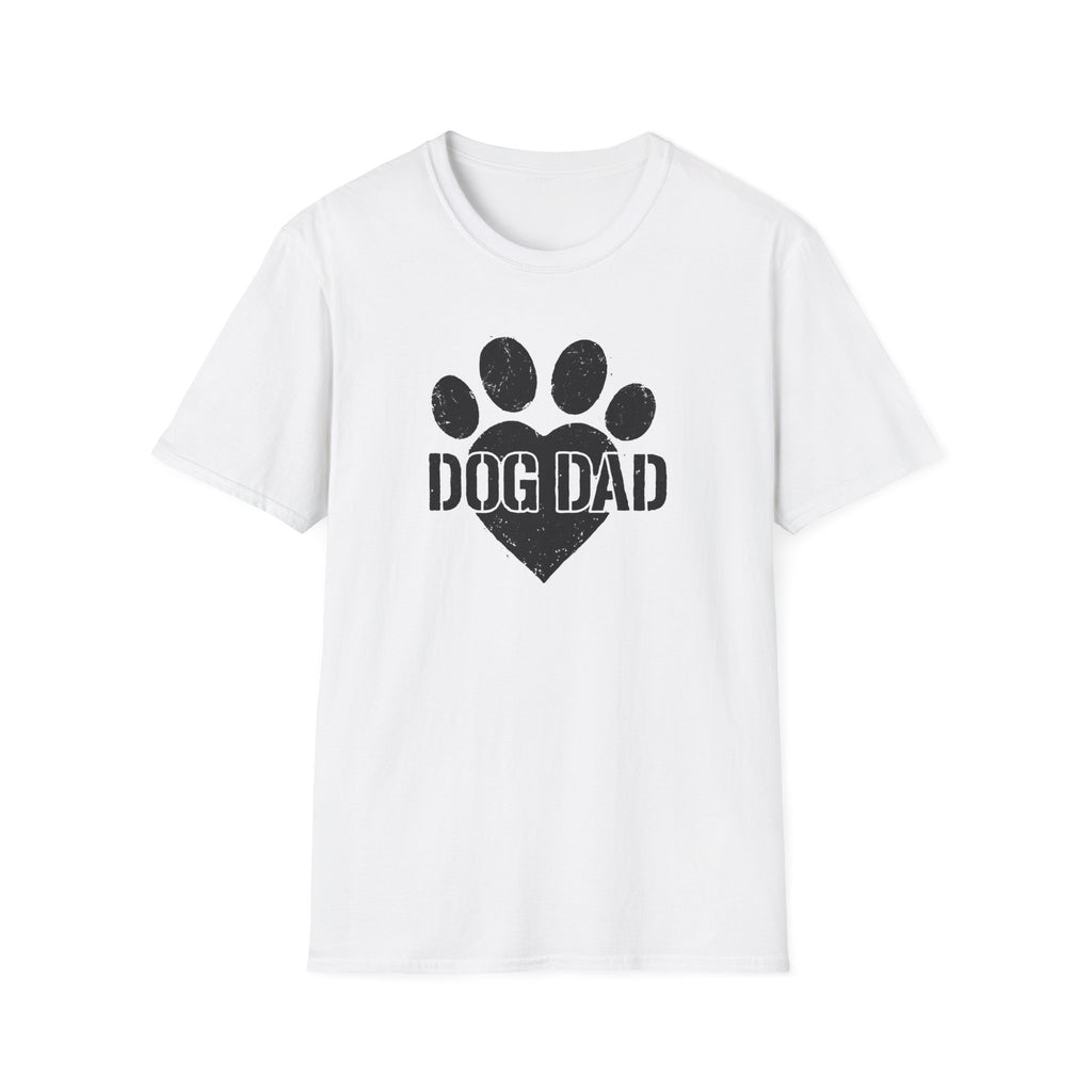White t-shirt with 'DOG DAD' and paw print design on a white background