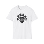 White t-shirt with 'DOG DAD' and paw print design on a white background