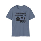Blue t-shirt with 'This human belongs to my dog' text and paw print on a white background