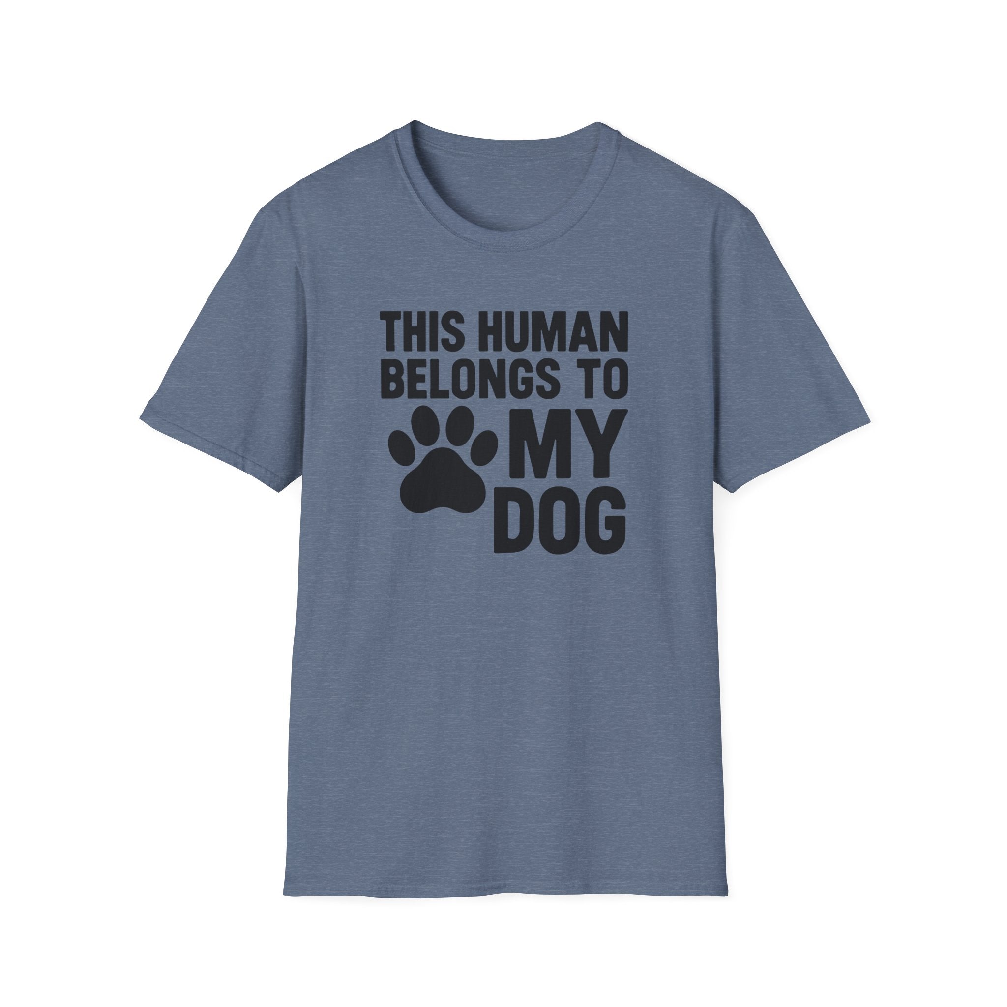 Blue t-shirt with 'This human belongs to my dog' text and paw print on a white background