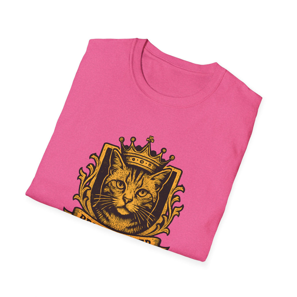 Pink t-shirt with a gold cat wearing a crown design on a white background