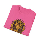 Pink t-shirt with a gold cat wearing a crown design on a white background