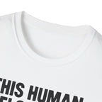 White t-shirt with black text on a white background