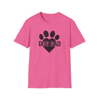 Pink t-shirt with black paw print and 'DOG DAD' text on a white background